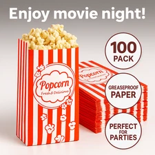 100PCS Disposable Popcorn Bags Bulk Red White Striped Paper Snack Party Favor