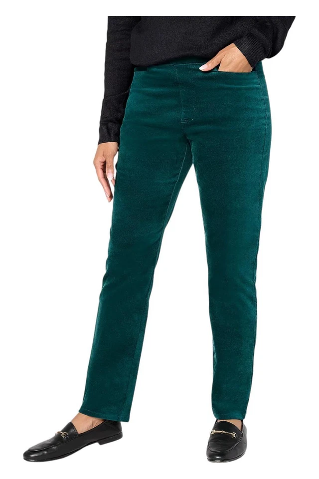 Denim & Co. Women's Stretch Velvet Straight Leg Pull On Pant Green
