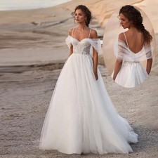 Elegant A-line Wedding Dress Spaghetti Strap Backless Lace Applique Bridal Gowns