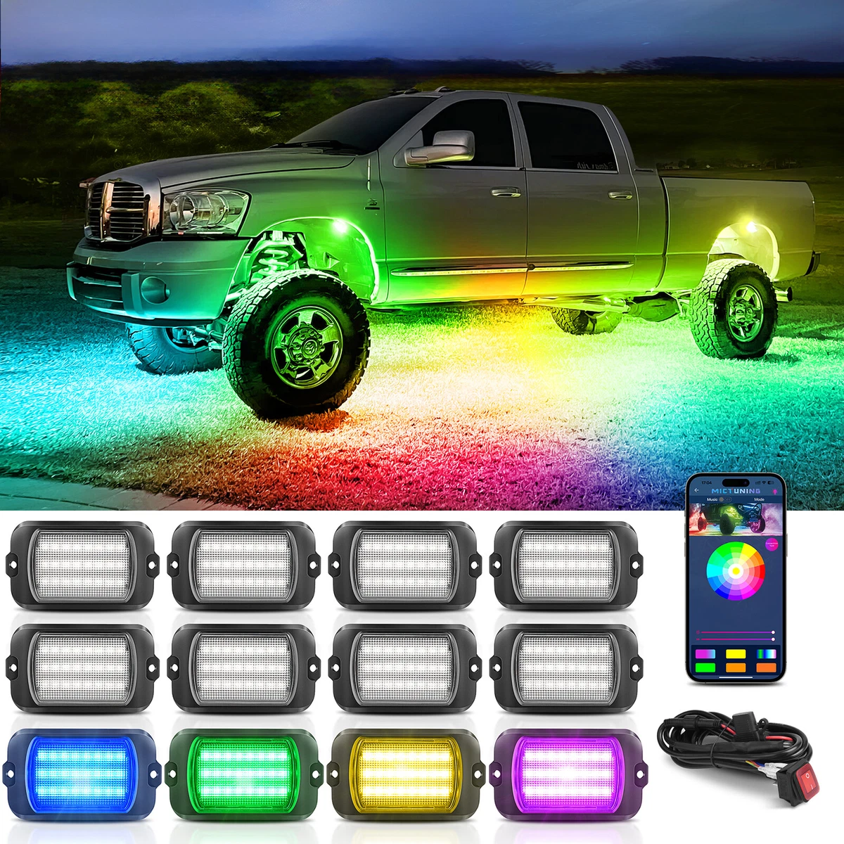 12 Pods RGB LED Rock Lights APP Control for Jeep Off-Road Truck 