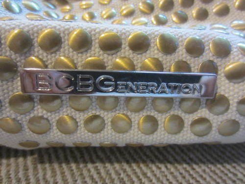 BCBGeneration Purse Cream Canvas Clutch Gold Chain Covered Gold Studs Unique - Picture 6 of 7