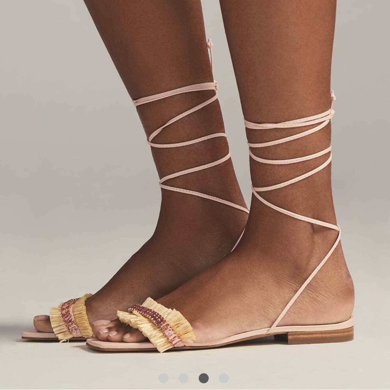 NWT Anthropologie Pink Rhinestones Straw Leather Ankle Straps Flat Sandals  | eBay