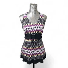 Vintage Y2K Halter Babydoll Top Medium Tie-Back Flare Buckle Geometric Glam