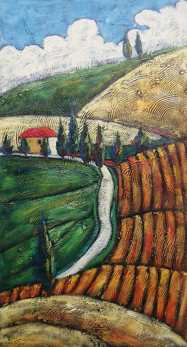 contemporary landscape oil painting road to a house on hill 12x