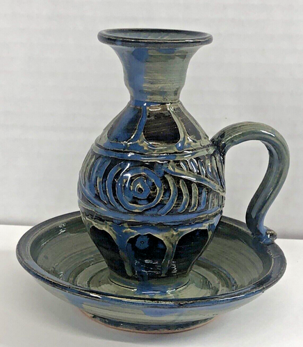 VTG Papuan New Guinea Pottery Art Vase Attached Underplate Signed TAYAS KTU PNG - Picture 14 of 16