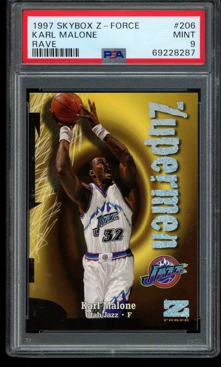 1997-98 SKYBOX Z-FORCE KARL MALONE #206 ZUPERMEN RAVE 385/399 PSA 