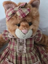 Vintage Russ Berrie & Co. 17” Kittra The Cat Checkered Dress Bow Plush Stuffed
