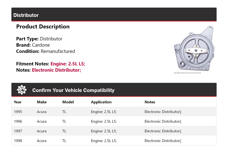 Para 1995-1998 Acura TL 2,5 L L L5 Distribuidor Cardone 1996 1997 Foto 2 de 4