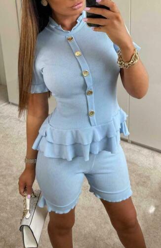 Ladies Womens Fine Ribbed Short Sleeve Frill Button Shorts Set Co ord Loungewear - Picture 12 of 13