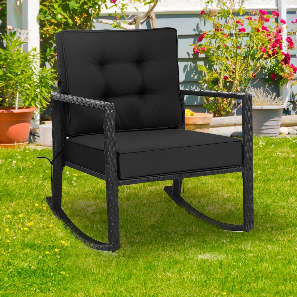 Patio Rattan Rocker Chair Outdoor Glider Rocking Chair Cushion Lawn Black Foto 4 de 4