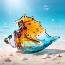 Sea Glass Art Hand Blown Conch Shell Sculpture, Murano Style Coastal Decor, S...
