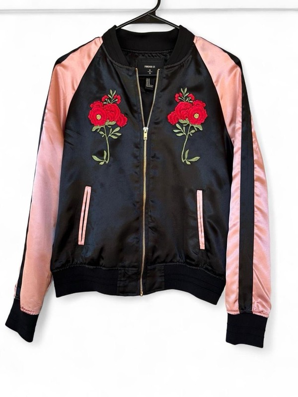 Forever 21 Black and Pink Floral Bomber Jacket