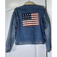 Vintage East West Jacket Mens Large Denim Corduroy Collar USA Flag Patch 90s