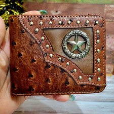 Star Mens Wallet Western Short Bifold Ostrich Brown Studded Faux Leather Walle