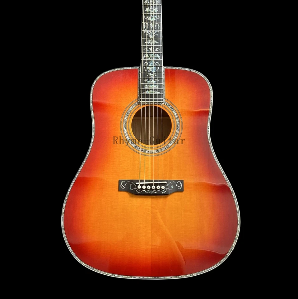 Abalone Flower Cherry Sunburst D45 Acoustic Guitar Spruce Top Quilted Maple Back - Image 3 of 4