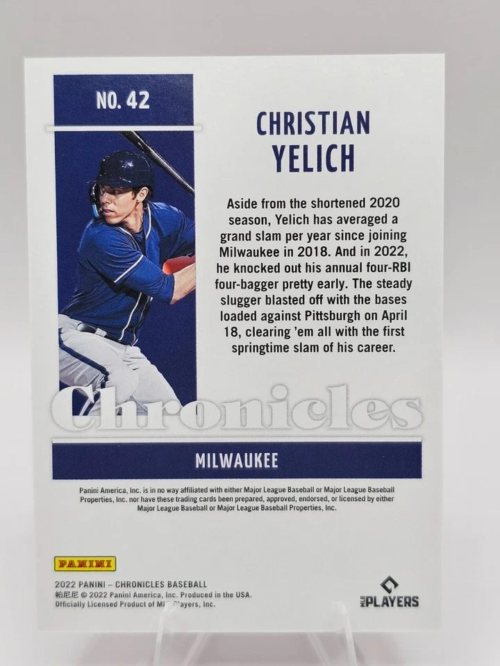 2022 Panini Chronicles Christian Yelich /100 Milwaukee Brewers #42 - Image 2 of 2
