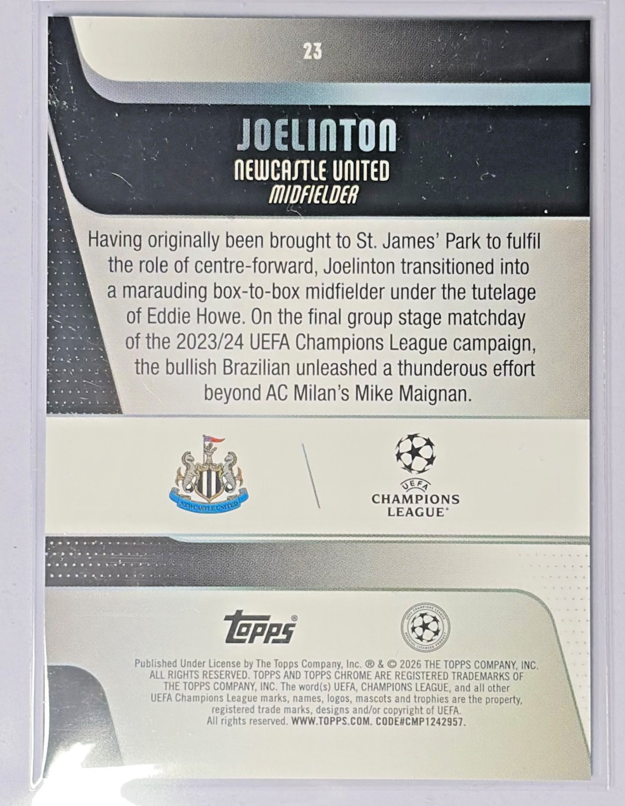 Joelinton 2025-26 Topps Chrome UEFA PURPLE X-FRACTOR /75 #23 Brazil Newcastle view 3