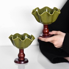 1PC Retro Ceramic Cake Cup Ice Cream Cup Dessert Cake Cup Wood Handle Base Sweet