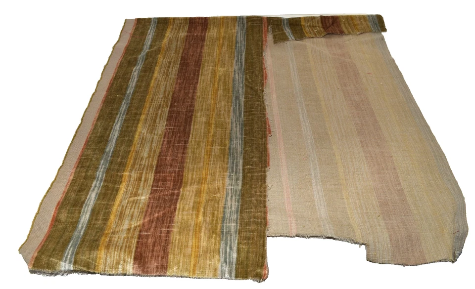 Vintage Olive Green Brown and Blue Striped Velvet Upholstery Fabric Remnant - Image 3 of 4