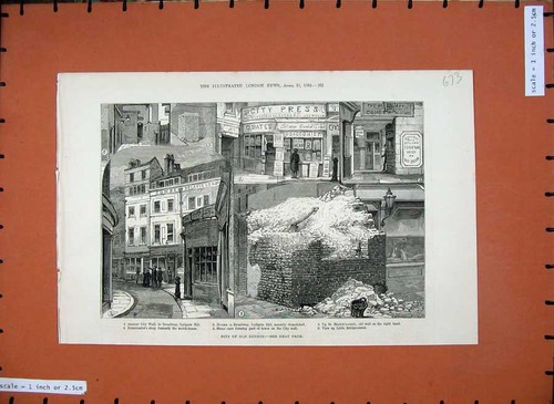 Original Old Antique Print 1882 London Ludgate Hill Broadway Newsvender'S Shop