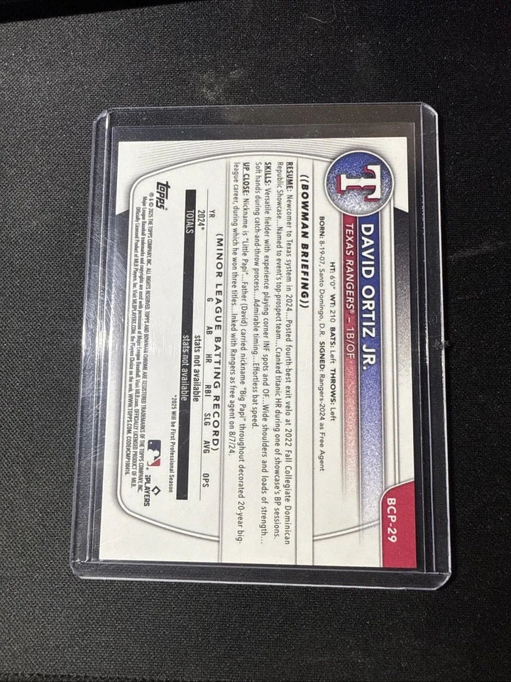 2025 Bowman Sapphire 1st DAVID ORTIZ JR Chrome Prospect оранжевый /25 - Rangers - Изображение 2 из 2