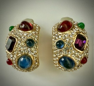 Vintage CINER Multi color Mogul Glass Cabochon & Pave Crystal Clip On Earrings
