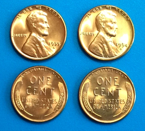 1954-S and 1955-S LINCOLN WHEAT CENTS,CHOICE BRILLIANT UNCIRCULATED