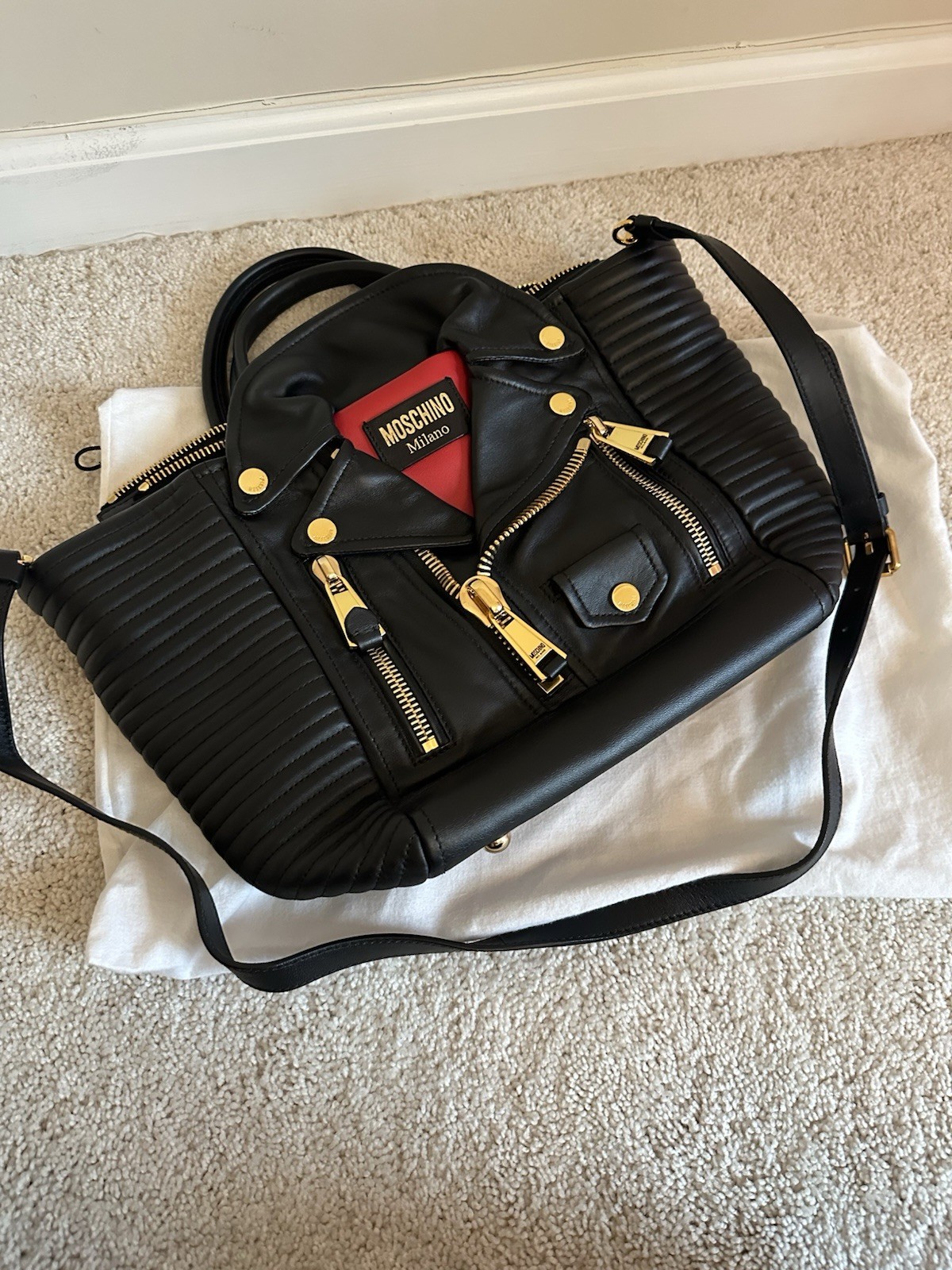 Moschino Black Leather Biker Jacket Style Shoulder Bag Gold Hardware Crossbody image 2