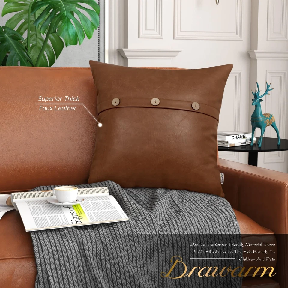 Leather Throw Pillow Covers 20 X 20 Inches, Brown Faux Leather Pillow Cover w... - Image 2 of 4