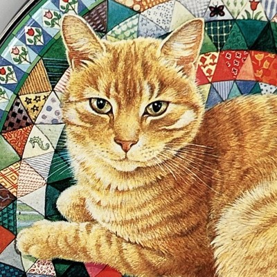Vintage Orange Cat Tin 1989 5  Round Hunkydory England Quilt Black Gift