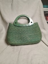 Womens Purse 100 Straw Wooden Handle Vintage Handbag.