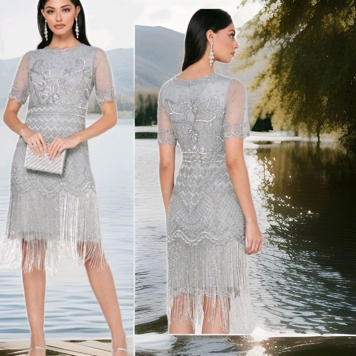 New joanna hope Dress grey silver beaded lace 20s deco gatsby