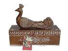 Handcrafted Wooden Box 14x12x5, Handcarved Peacock, Decorative, India, New