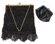 Antique Deco Beaded Flapper Black Handbag Purse Sterling Silver Gold Frame MINT
