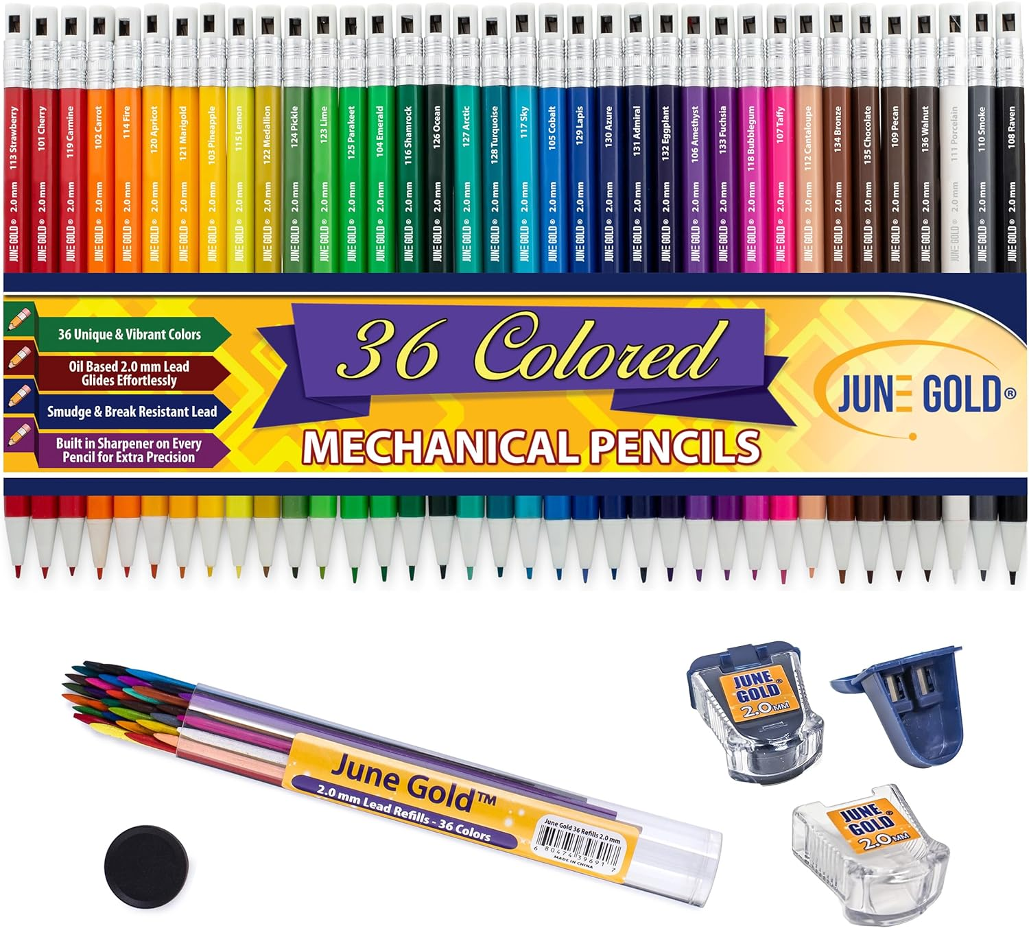 Mechanical Pencils, 2.0 Mm, 36 Colors, Extra Refills, Sharpeners, 36 Pack-image