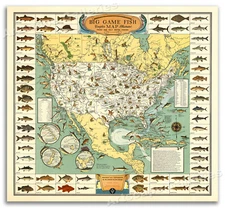 1936 Early Big Game Fish Map - Vintage Fishing Art Print Poster - 20x22