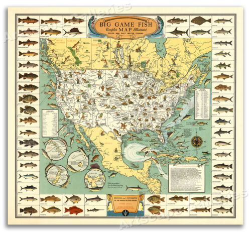 1936 Early Big Game Fish Map - Vintage Fishing Art Print Poster - 20x22 - Picture 1 of 4