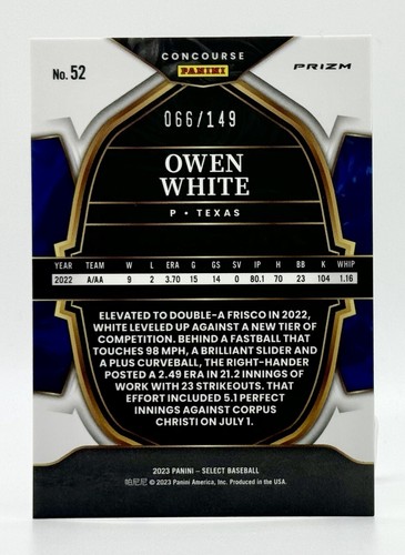 2023 Select Concourse White Prizm #52 Owen White 66/149 Texas Ranger - Picture 2 of 2