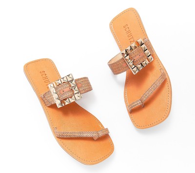 New Schutz Womens Castanho Brown Leather Top Loop Slide Malie Sandals Size 10