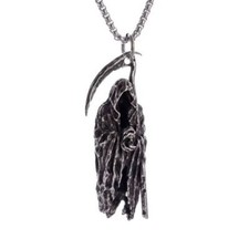 Grim Reaper Necklace Pendant Halloween Horror Vintage Silver Goth Punk 22in