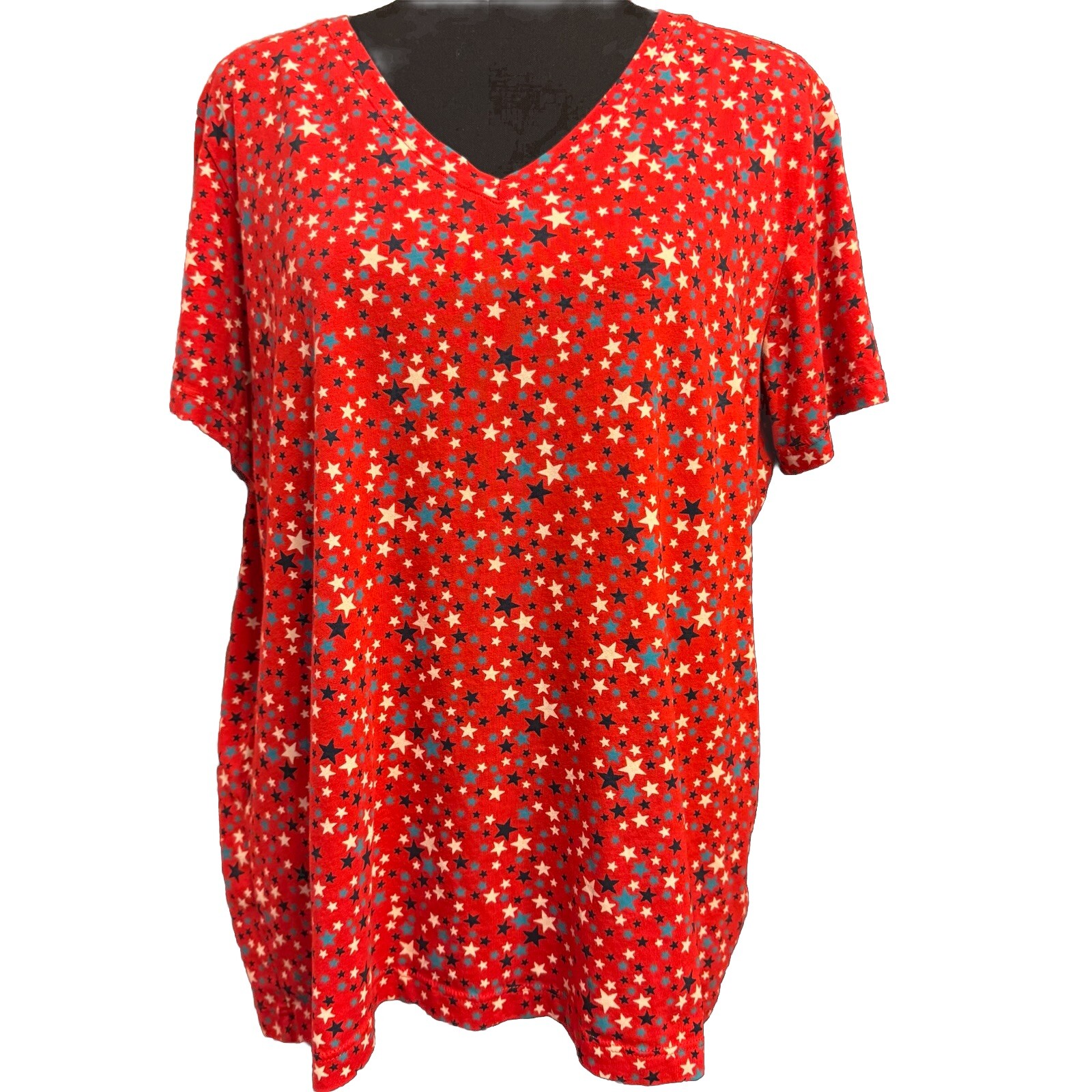 Lands End Womens Patriotic Star Tee Red White Blue Casual Shirt Large