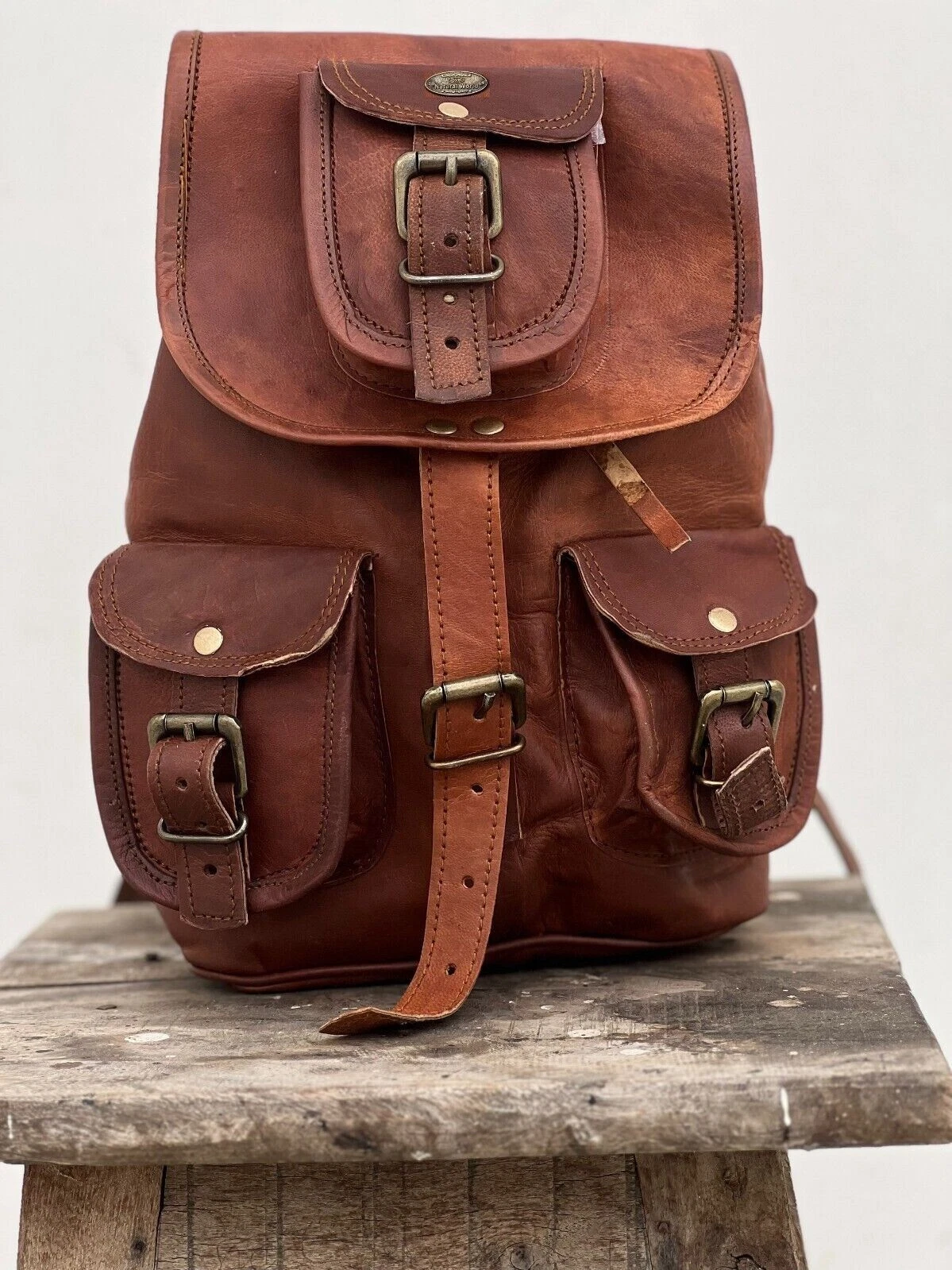 13" Leather Brown Backpack Bag Men Vintage Laptop Rucksack Travel Brown Satchel