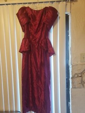 Vtg Alfred Angelo Maroon Satin Prom Party Dress open Back Bow Puff Sleeve Med