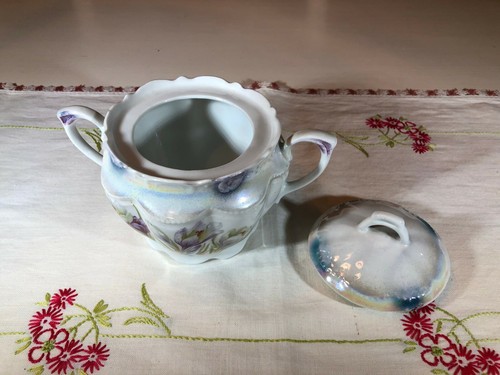 Antique German Lusterware Sugar Bowl Blue Yellow and Purple with Tulips - Picture 3 of 9