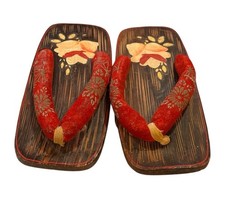 Vintage Japanese Geta Wooden Sandals Red Velvet Straps Hand Painted Clogs