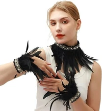 Black Gothic Feather Pearl Shawl Lace Wrist Cuffs Wing Costume Halloween Cosplay