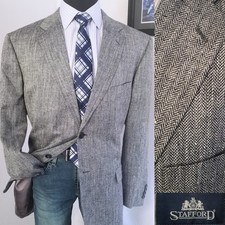 Stafford Mens Blazer 46 Long Gray Herringbone Silk Sport Coat Light Jacket
