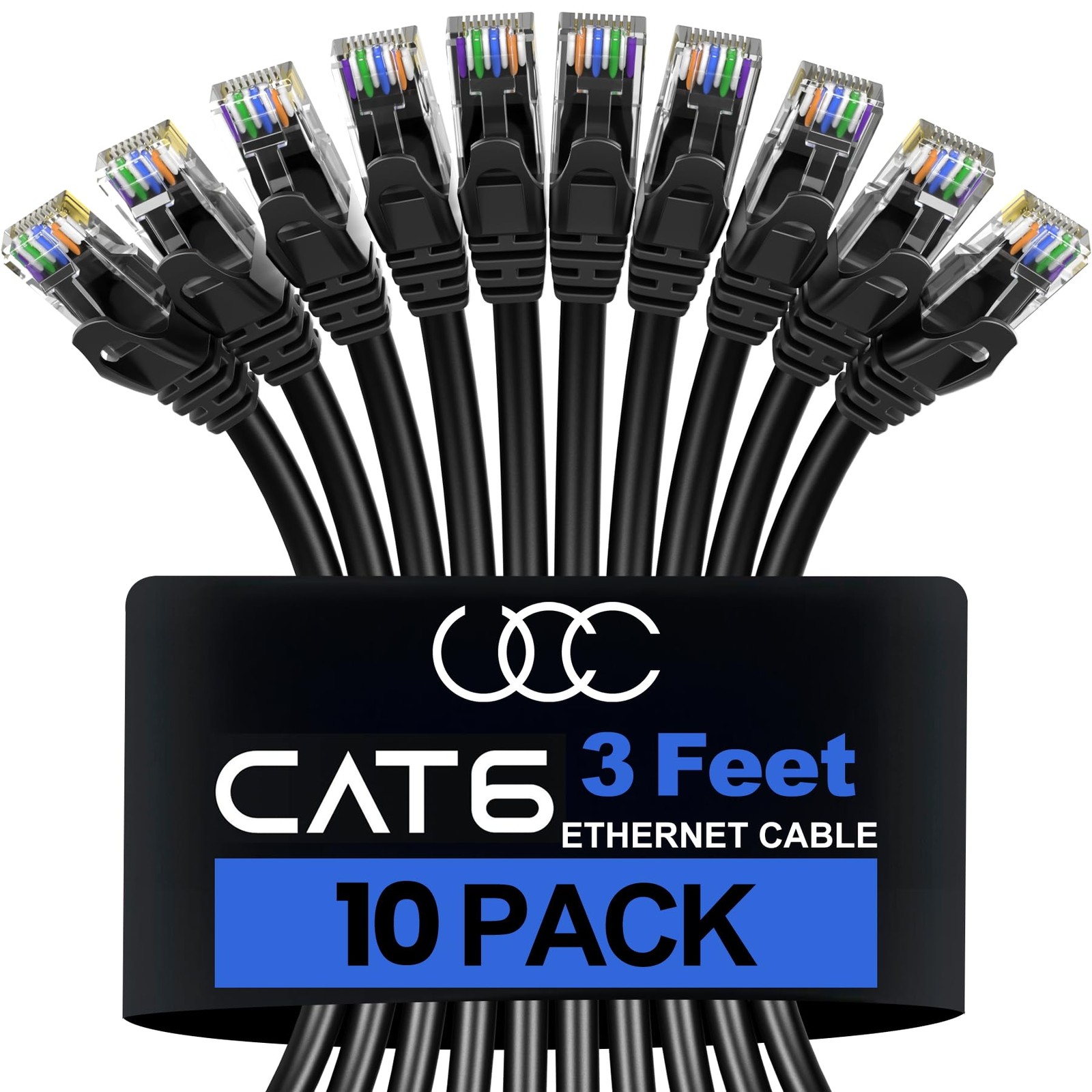 Cat6 Ethernet Cable 3ft 10 Pack - High Speed 10Gbps 500Mhz Patch Cables for Network