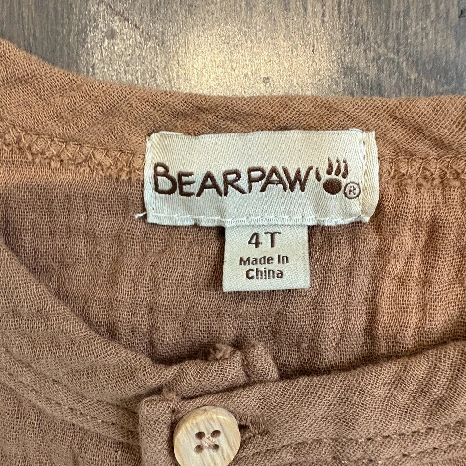 Bearpaw Kids 3 Piece Outfit Set 4T Muslin Tank Shorts Hat Bear Patch Toddler - Image 2 of 4