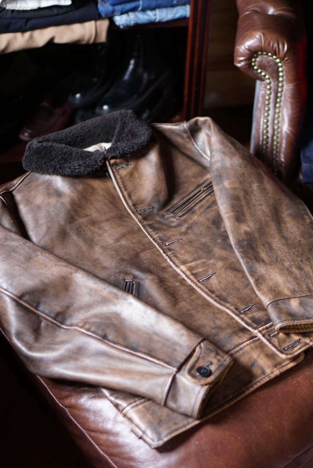RRL Ralph Lauren 40s Inspired Deck Jacket Brown Shearling Collar Button Size M image 4